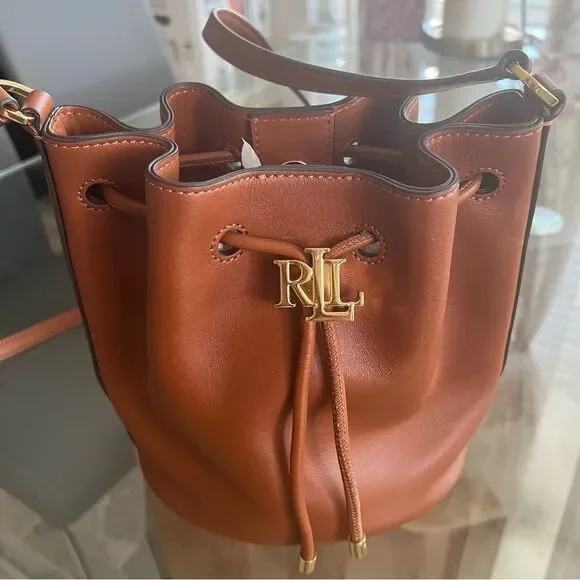 Lauren Ralph Lauren Tan Smooth Leather Medium Andie Drawstring Bag, New w/Tag - Picture 3 of 16